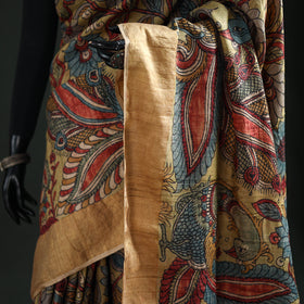 Pure Handloom Desi Tussar Silk Handpainted Srikalahasti Pen Kalamkari Saree with Zari Border 10