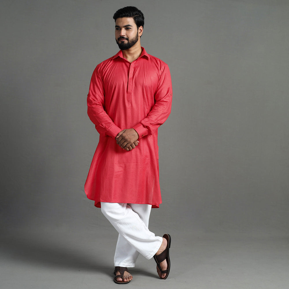 Pinkish Red - Linen Viscose Plain Men Long Pathani Kurta