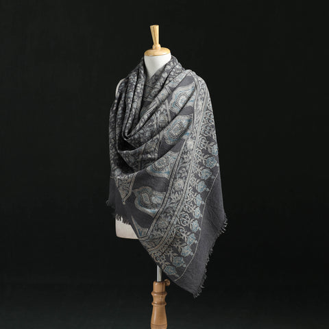 Ajrakh Hand Block Print Natural Dyed Handwoven Acrylic Wool Shawl 09
