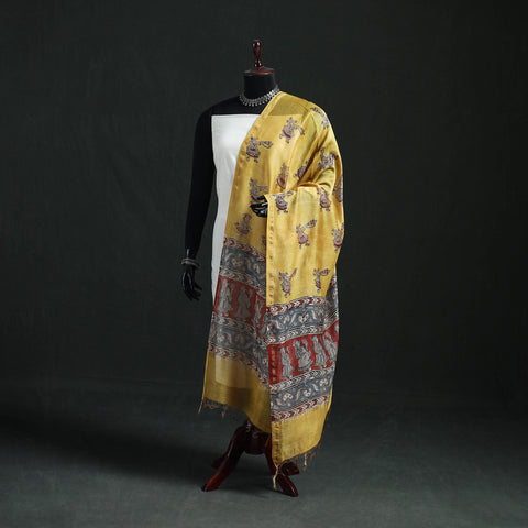 Yellow - Mata Ni Pachedi Handpainted Natural Dyed Chanderi Silk Handloom Dupatta 04