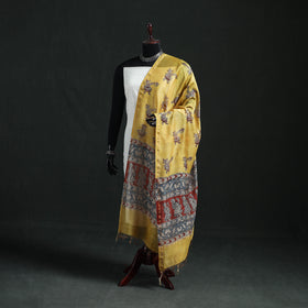 Yellow - Mata Ni Pachedi Handpainted Natural Dyed Chanderi Silk Handloom Dupatta 04