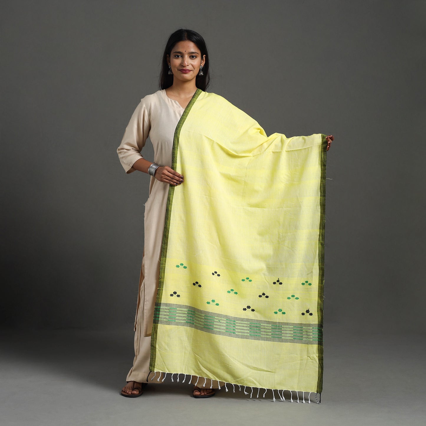 Yellow - Assam Weave Thread Buti Cotton Handloom Dupatta 25