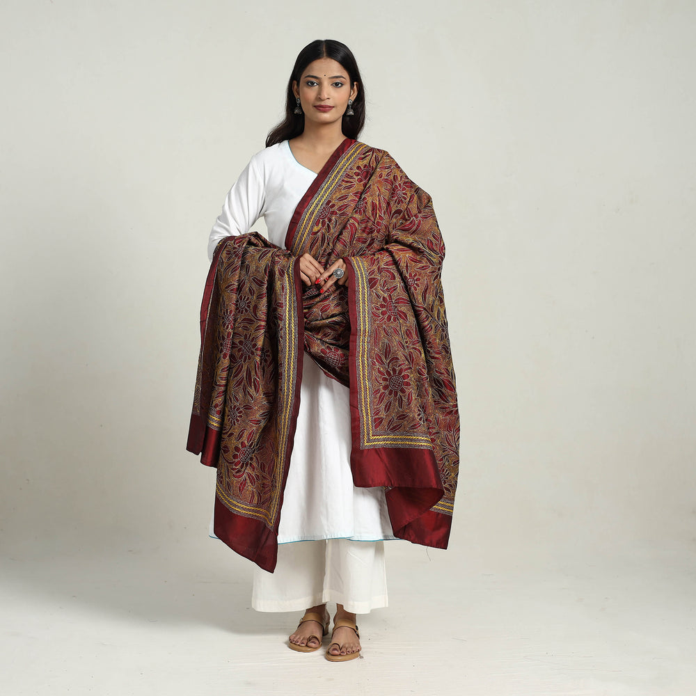 Brown - Pure Silk Bengal Kantha Embroidery Dupatta 24