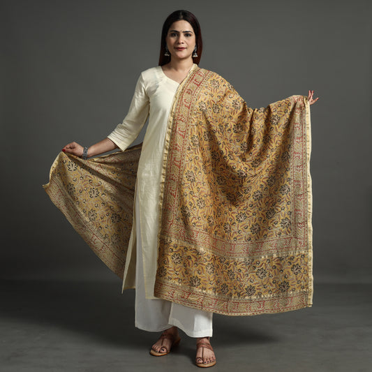 Yellow - Pedana Kalamkari Block Printed Handloom Chanderi Silk Dupatta with Zari Border  68