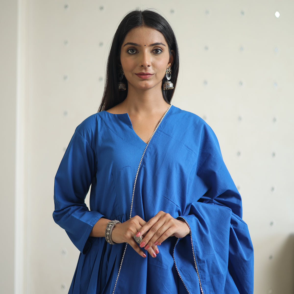 Zeenat Blue Cotton Flared Kurta with Palazzo & Dupatta Set