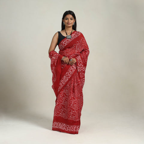 Red - Cotton Hand Batik Print Saree 12