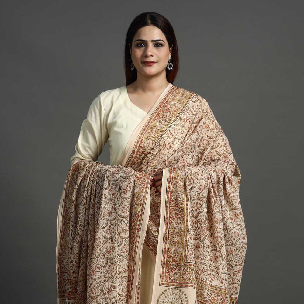 Beige - Pedana Kalamkari Block Printed Natural Dyed Cotton Dupatta 157