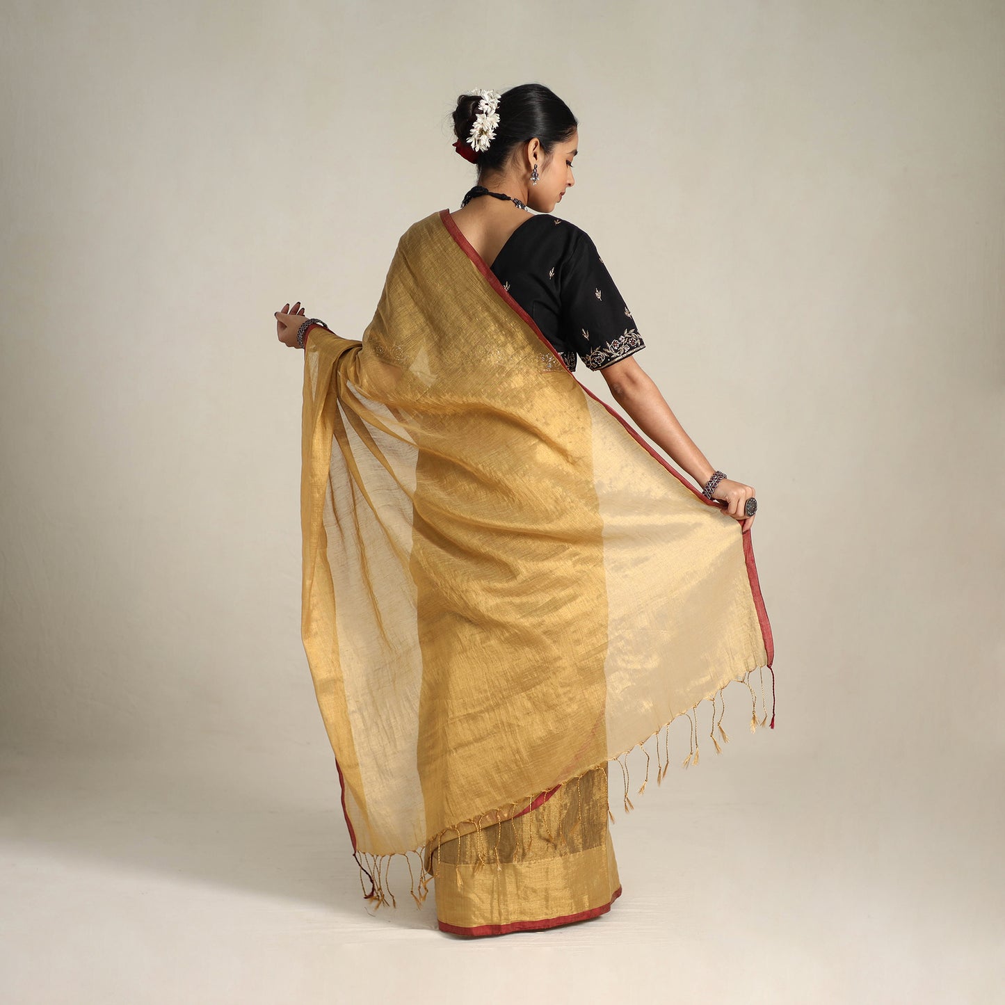 Yellow - Fine Tissue Zari Bengal Saree with Embroidered Blouse 03