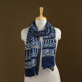 Blue - Pipad Hand Block Print Natural Dyed Chanderi Silk Handloom Stole 31