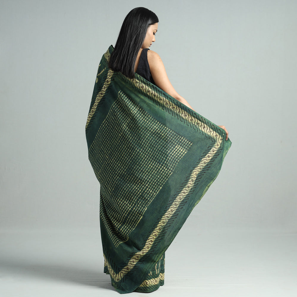 Green - Bindaas Art Block Printed Natural Dyed Cotton Saree 30