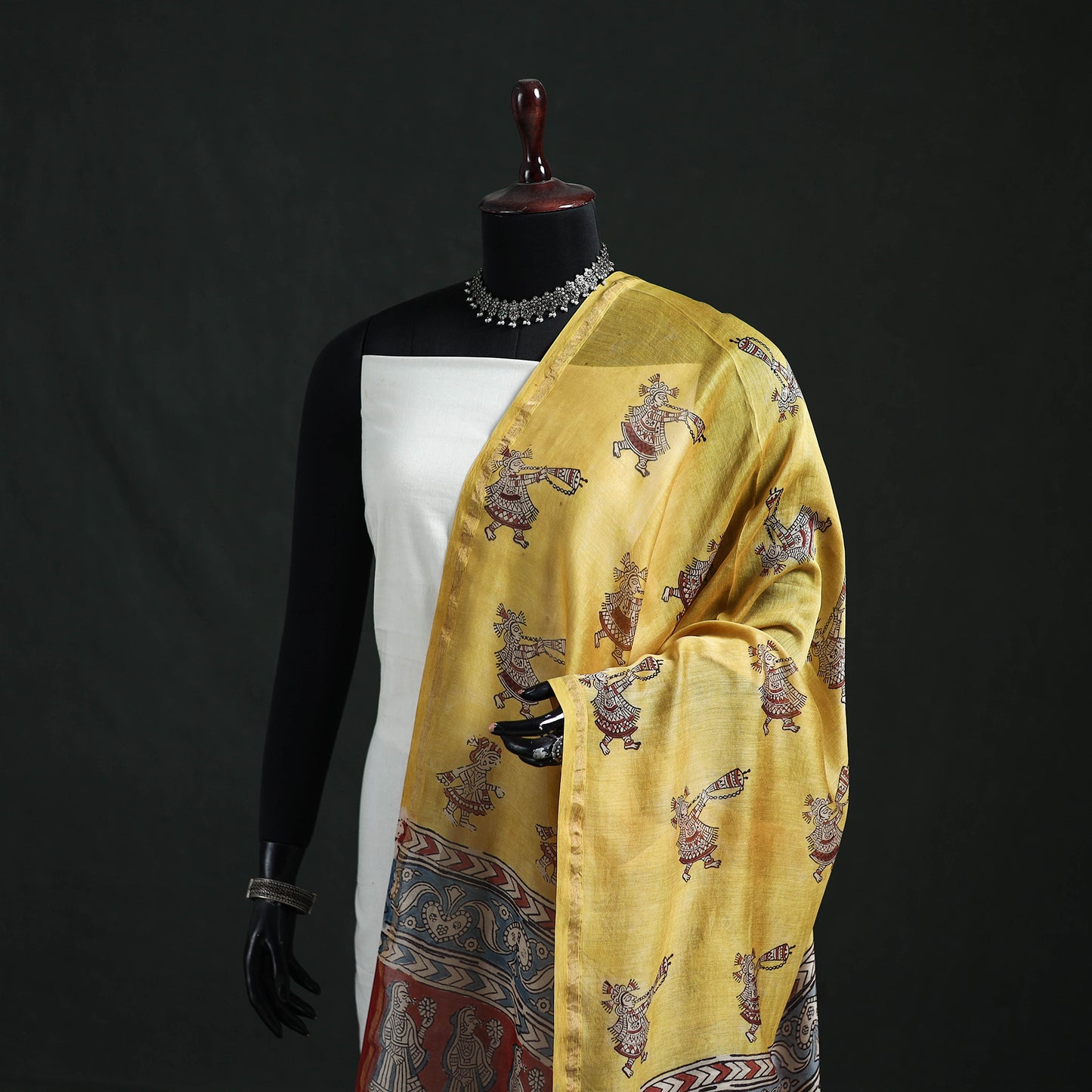 Yellow - Mata Ni Pachedi Handpainted Natural Dyed Chanderi Silk Handloom Dupatta 04