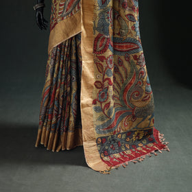 Pure Handloom Desi Tussar Silk Handpainted Srikalahasti Pen Kalamkari Saree with Zari Border 10