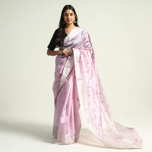 Pink - Traditional Chanderi Pattu Silk Handloom Saree with Zari Border & Buti
