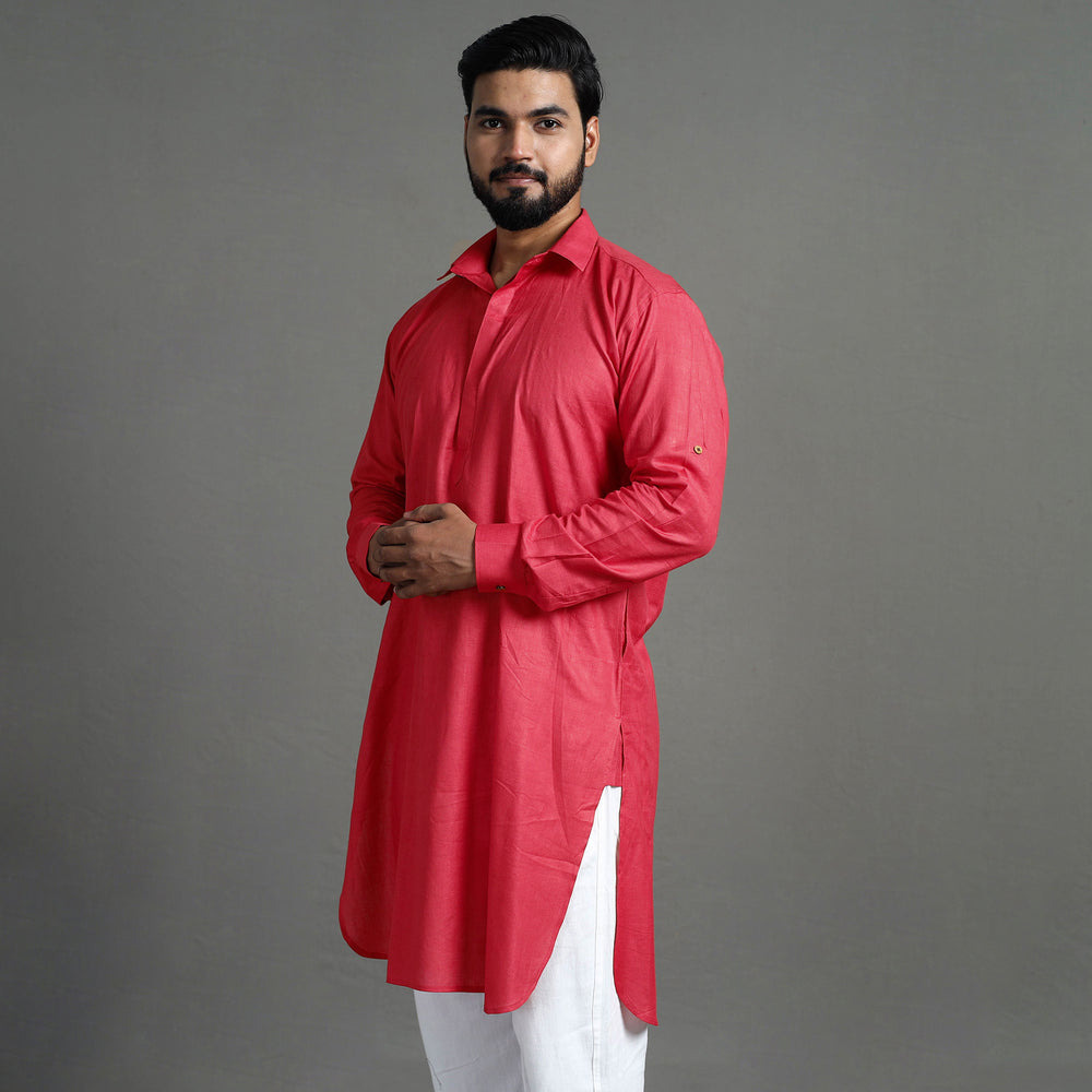 Pinkish Red - Linen Viscose Plain Men Long Pathani Kurta