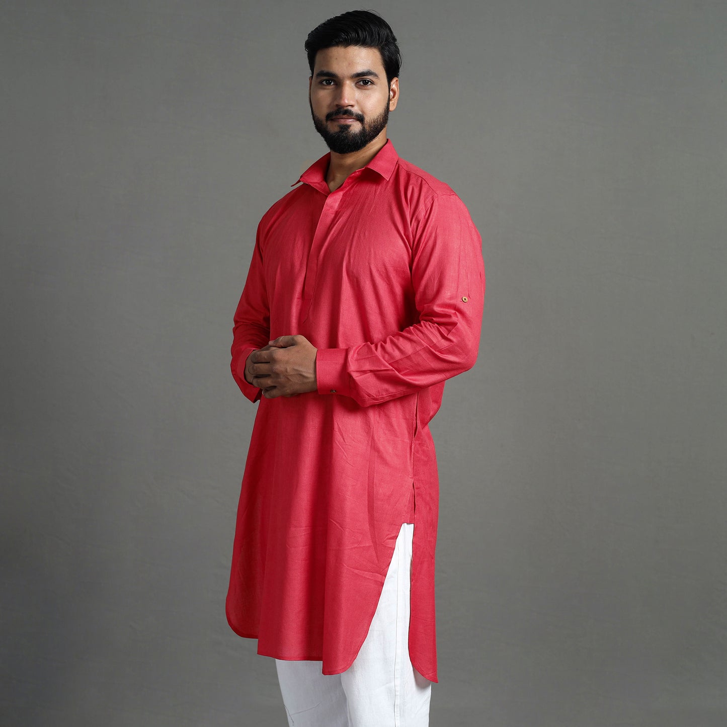 Pinkish Red - Linen Viscose Plain Men Long Pathani Kurta