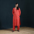 Red - Hand Embroidered Muslin Chikankari Kurta with Pant Set for Women 24