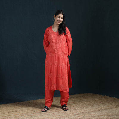 Red - Hand Embroidered Muslin Chikankari Kurta with Pant Set for Women 24