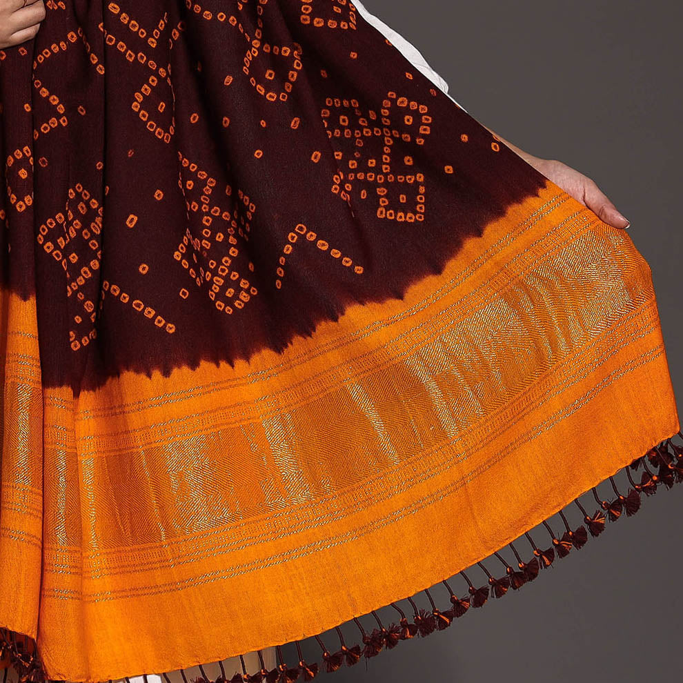 Brown - Kutch Handwoven Bandhani Tie-Dye Pure Woolen Shawl