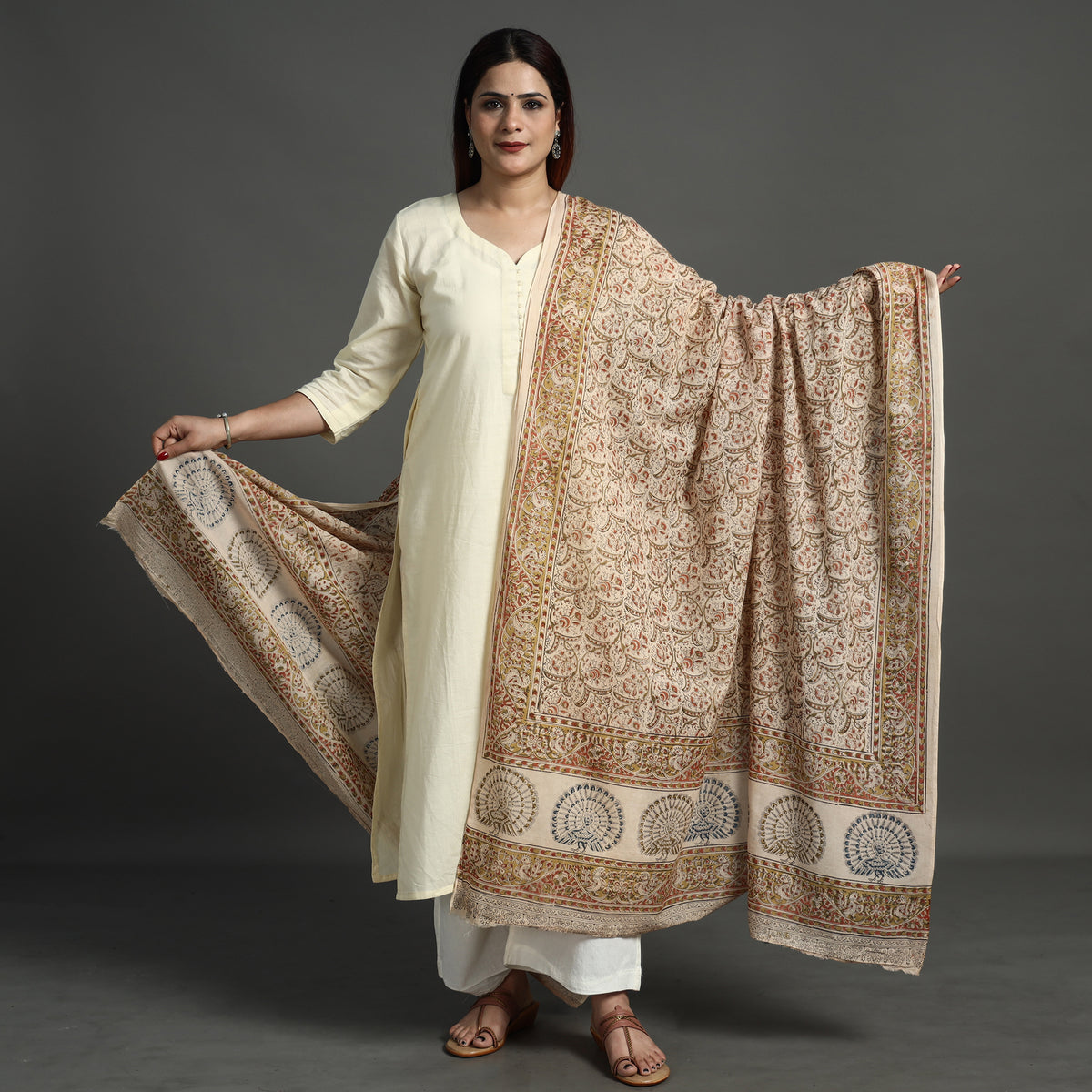 Beige - Pedana Kalamkari Block Printed Natural Dyed Cotton Dupatta 157