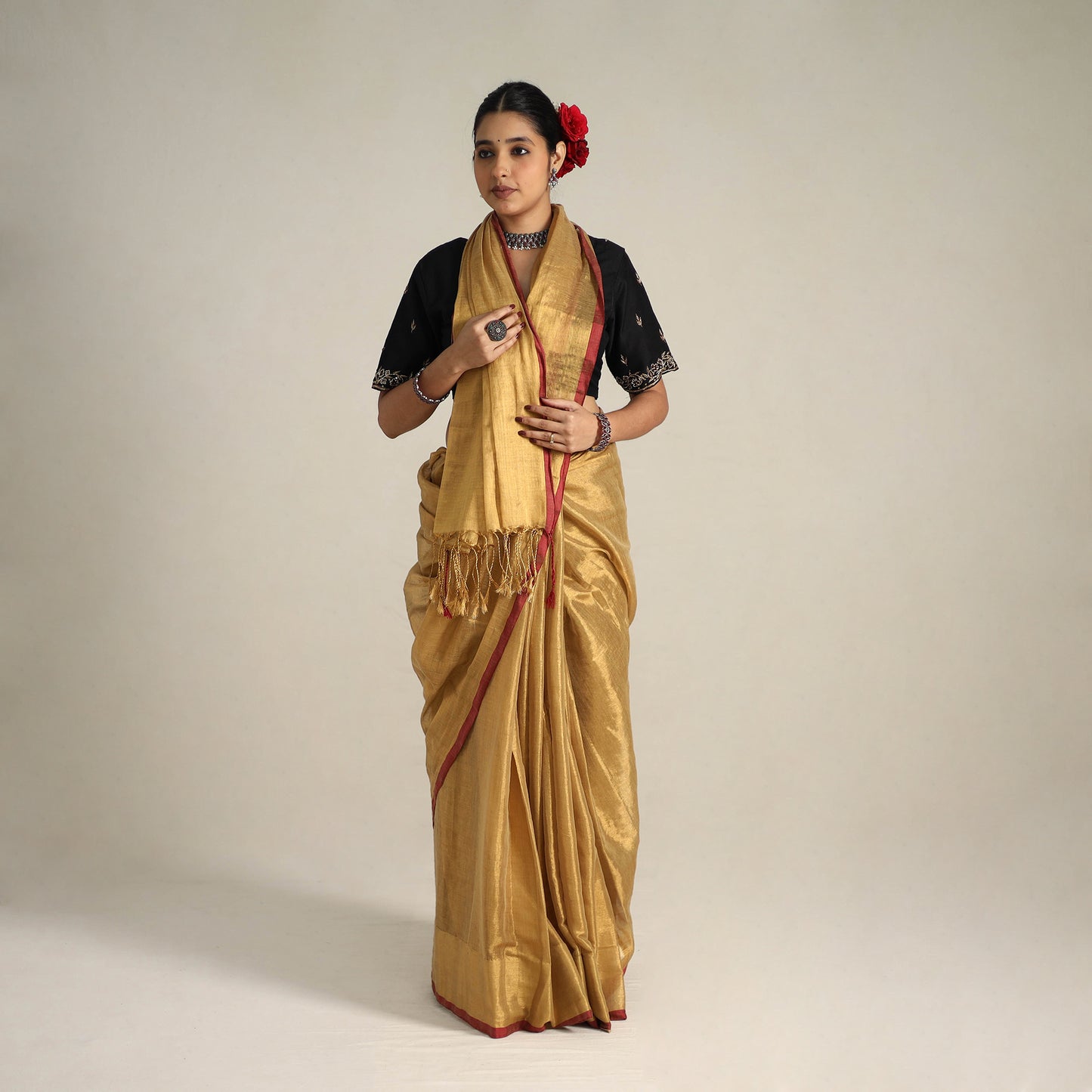 Yellow - Fine Tissue Zari Bengal Saree with Embroidered Blouse 03