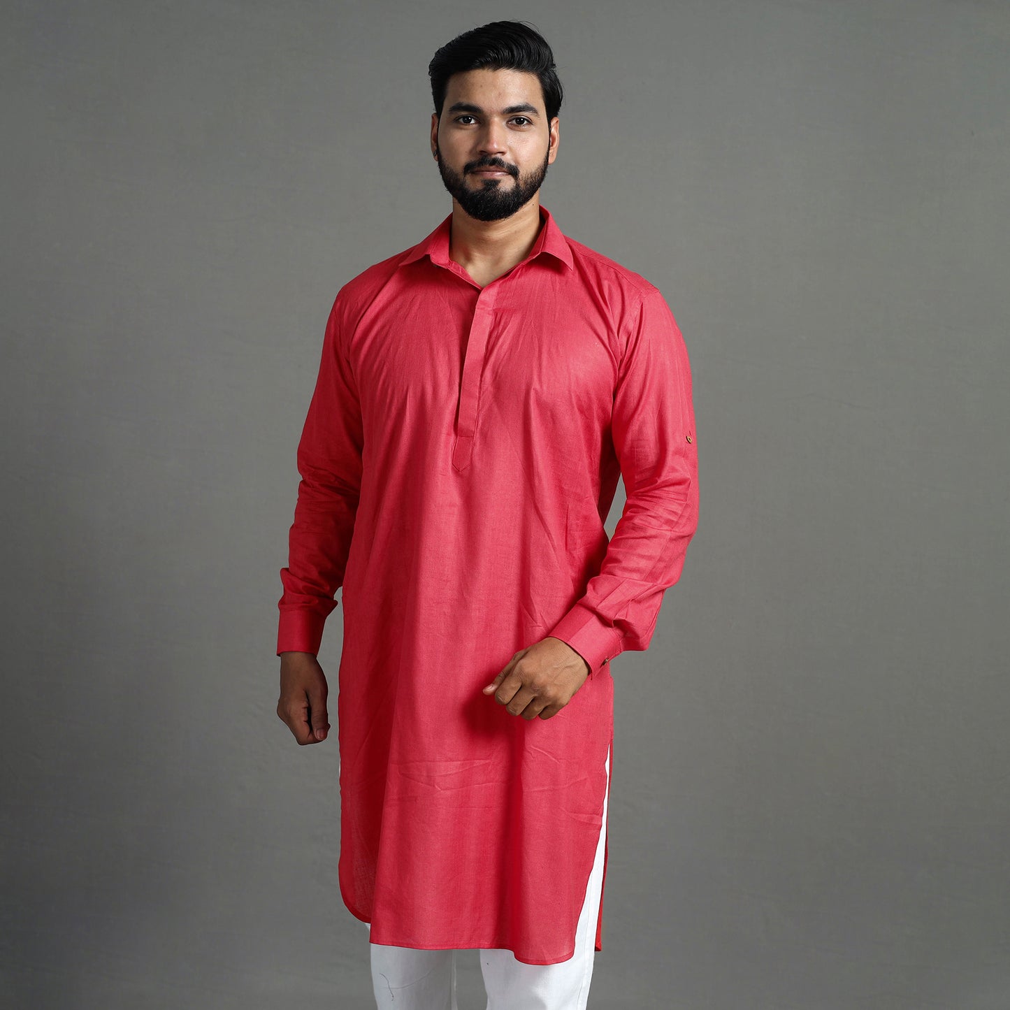 Pinkish Red - Linen Viscose Plain Men Long Pathani Kurta