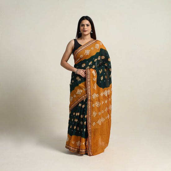 Green - Kutch Tie-Dye Cotton Bandhani Saree with Blouse Piece 25