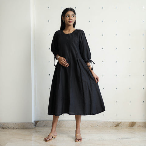 Krisha Black Slub Silk Plain Dress