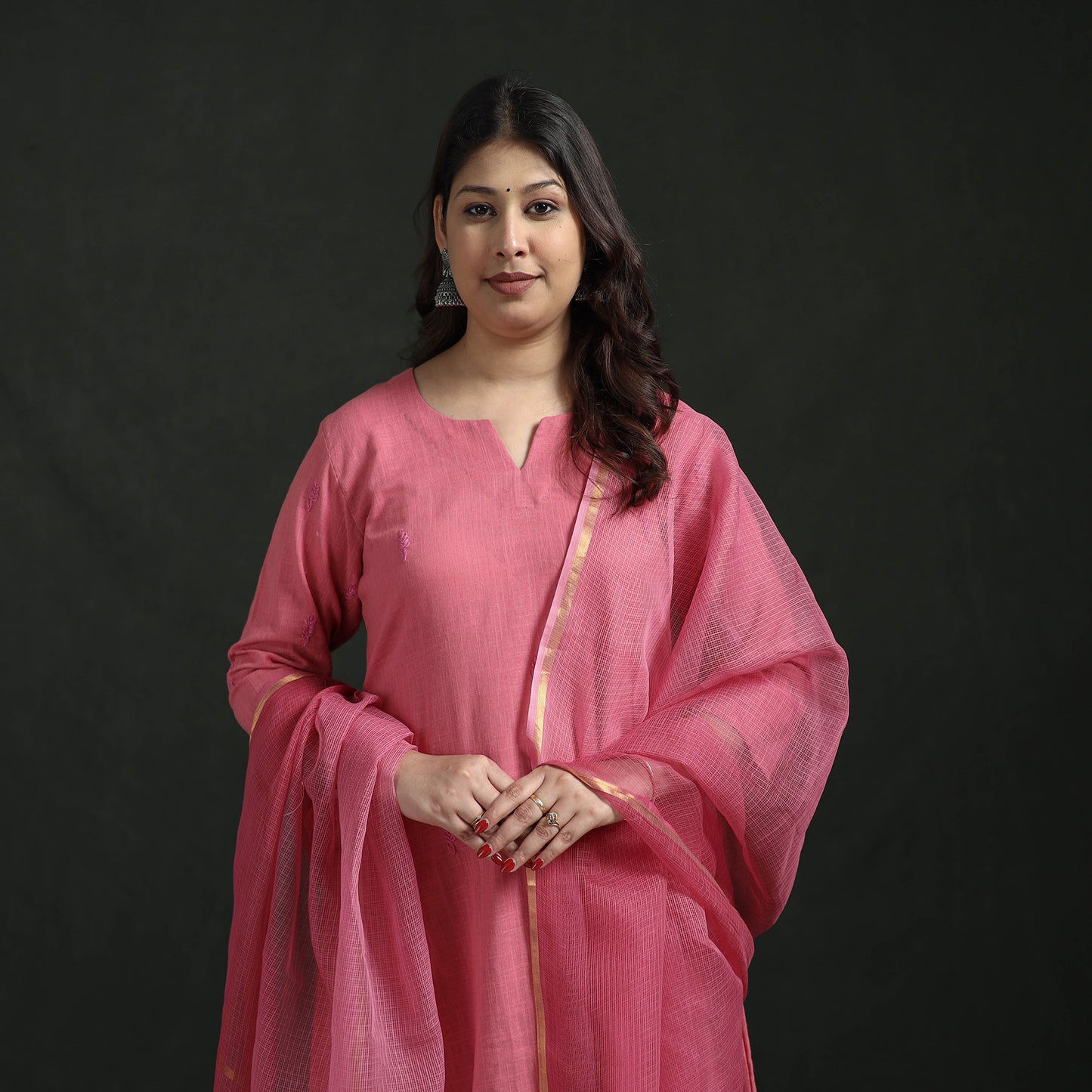 Plain Slub Cotton Hand Embroidered Suit Set with Dupatta for women 03