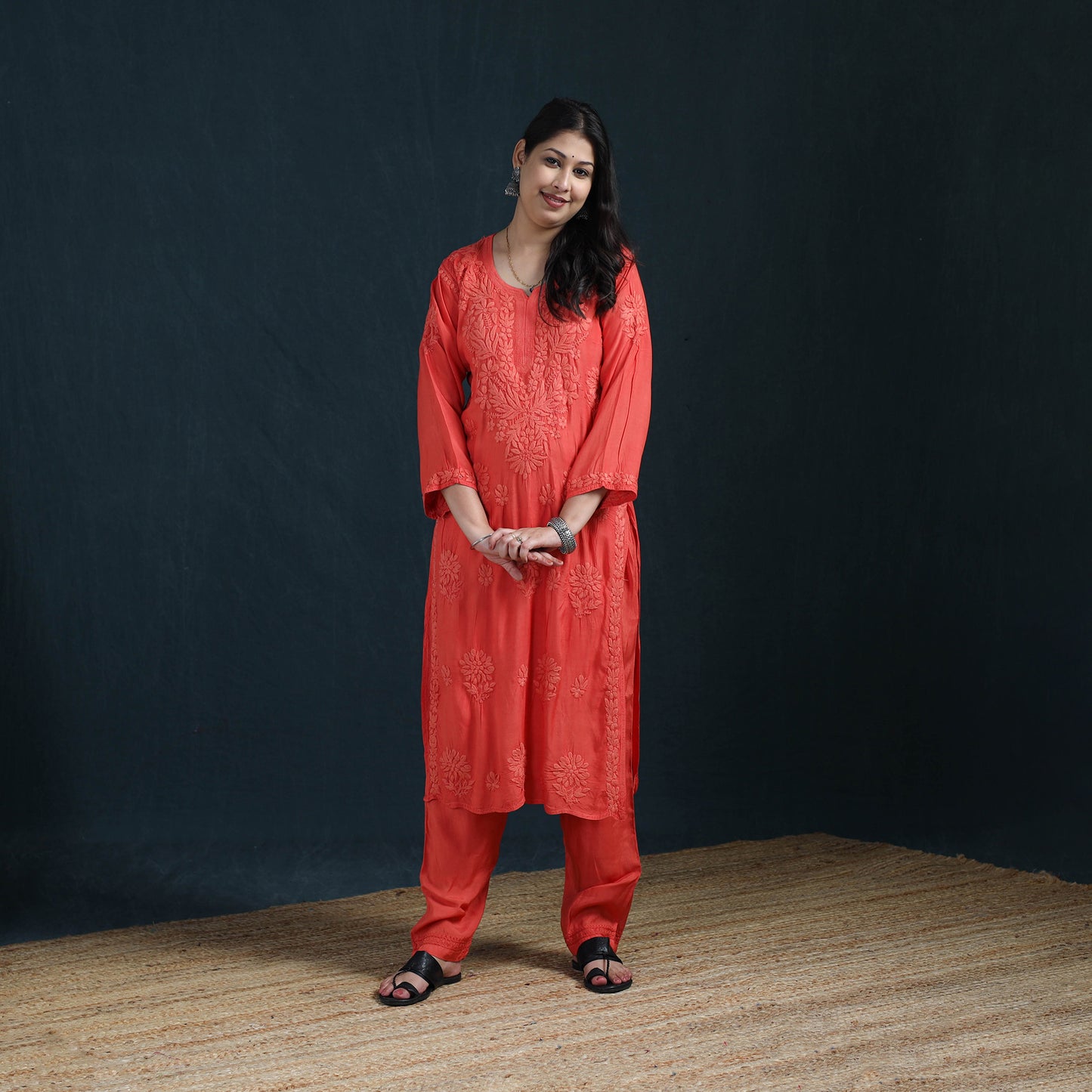 Red - Hand Embroidered Muslin Chikankari Kurta with Pant Set for Women 24