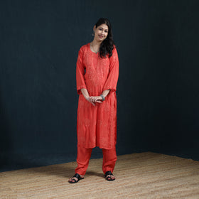 Red - Hand Embroidered Muslin Chikankari Kurta with Pant Set for Women 24