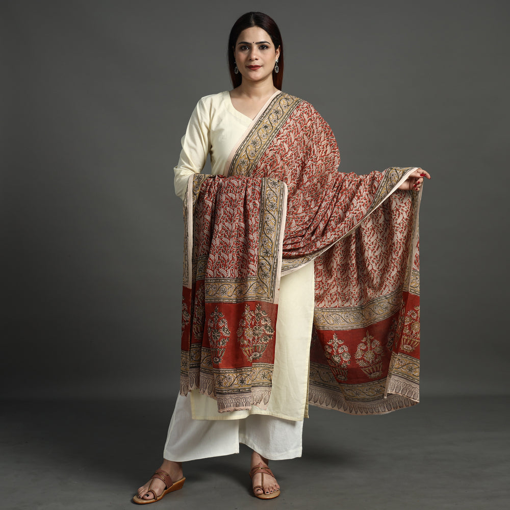 Red - Pedana Kalamkari Block Printed Natural Dyed Cotton Dupatta 158