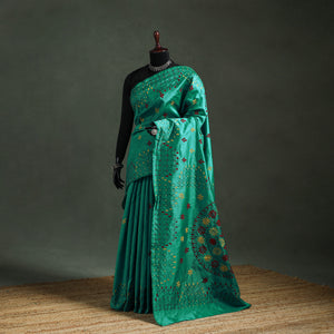Green - Bengal Nakshi Kantha Hand Embroidered Silk Saree 55