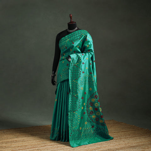 Green - Bengal Nakshi Kantha Hand Embroidered Silk Saree 55