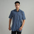 Blue - Indigo Block Printed Cotton Men Half Sleeve Shirt 03