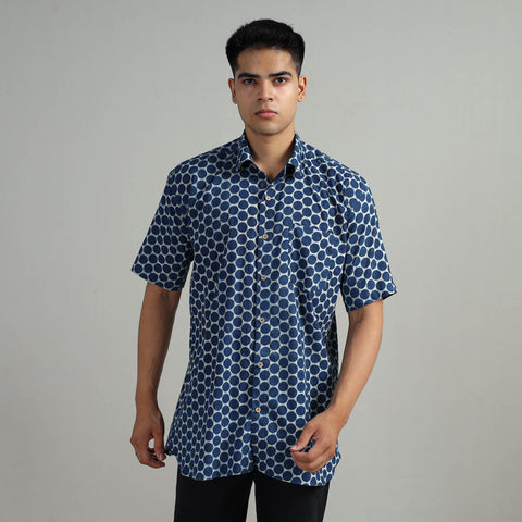 Blue - Indigo Block Printed Cotton Men Half Sleeve Shirt 03