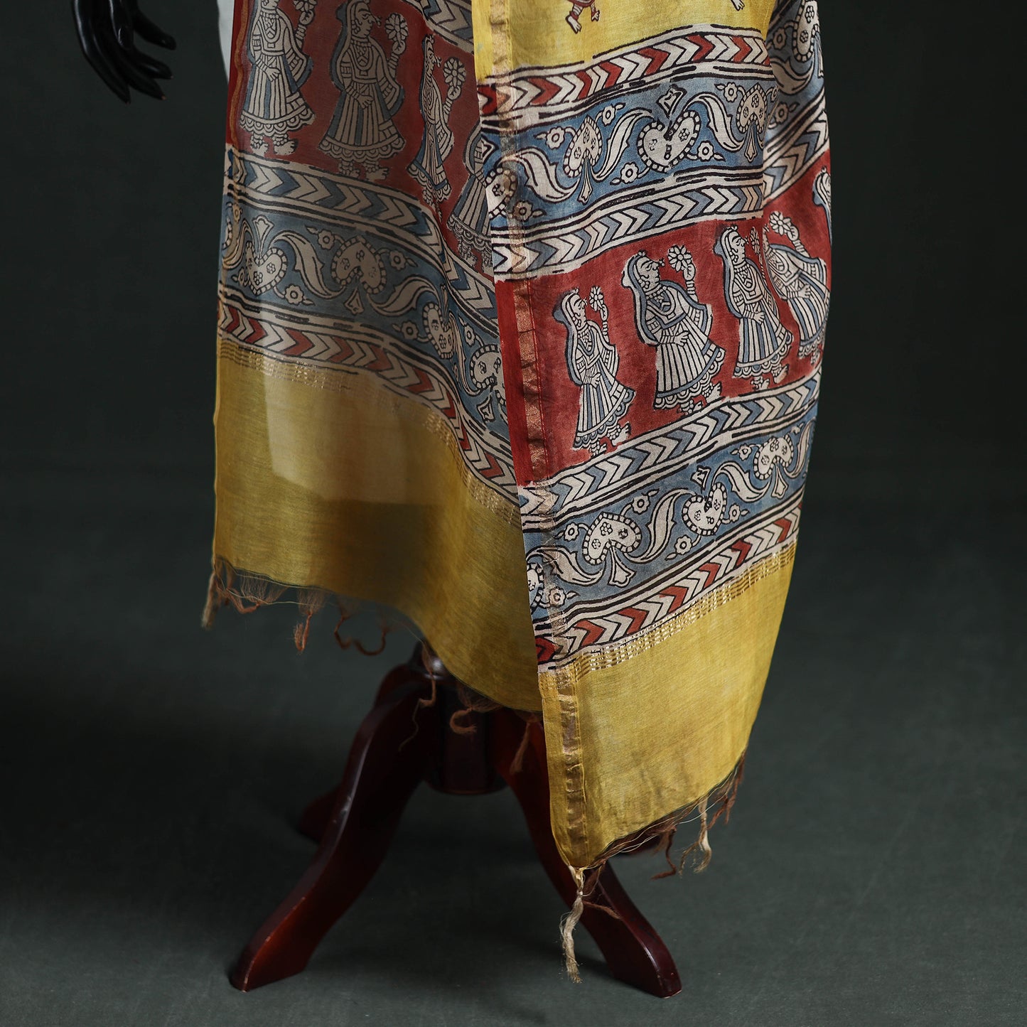 Yellow - Mata Ni Pachedi Handpainted Natural Dyed Chanderi Silk Handloom Dupatta 04