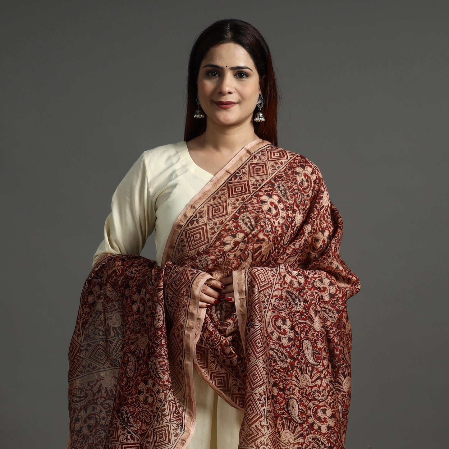 Multicolor - Pedana Kalamkari Block Printed Handloom Chanderi Silk Dupatta with Zari Border 69