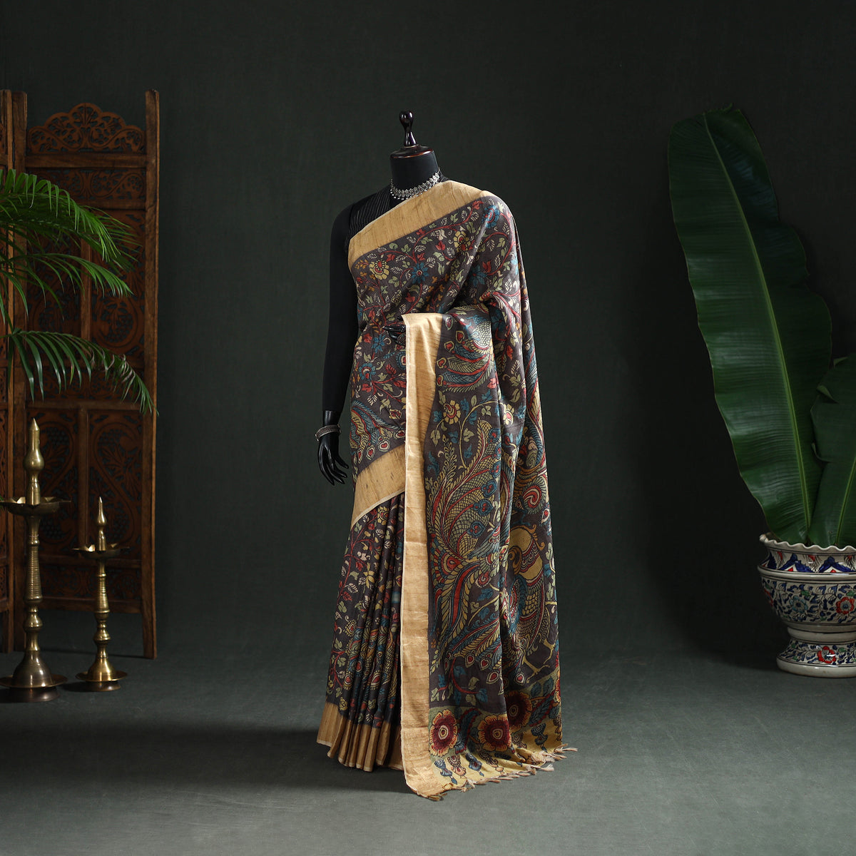Pure Handloom Desi Tussar Silk Handpainted Srikalahasti Pen Kalamkari Saree with Zari Border 11