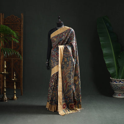 Pure Handloom Desi Tussar Silk Handpainted Srikalahasti Pen Kalamkari Saree with Zari Border 11