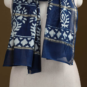 Blue - Pipad Hand Block Print Natural Dyed Chanderi Silk Handloom Stole 32