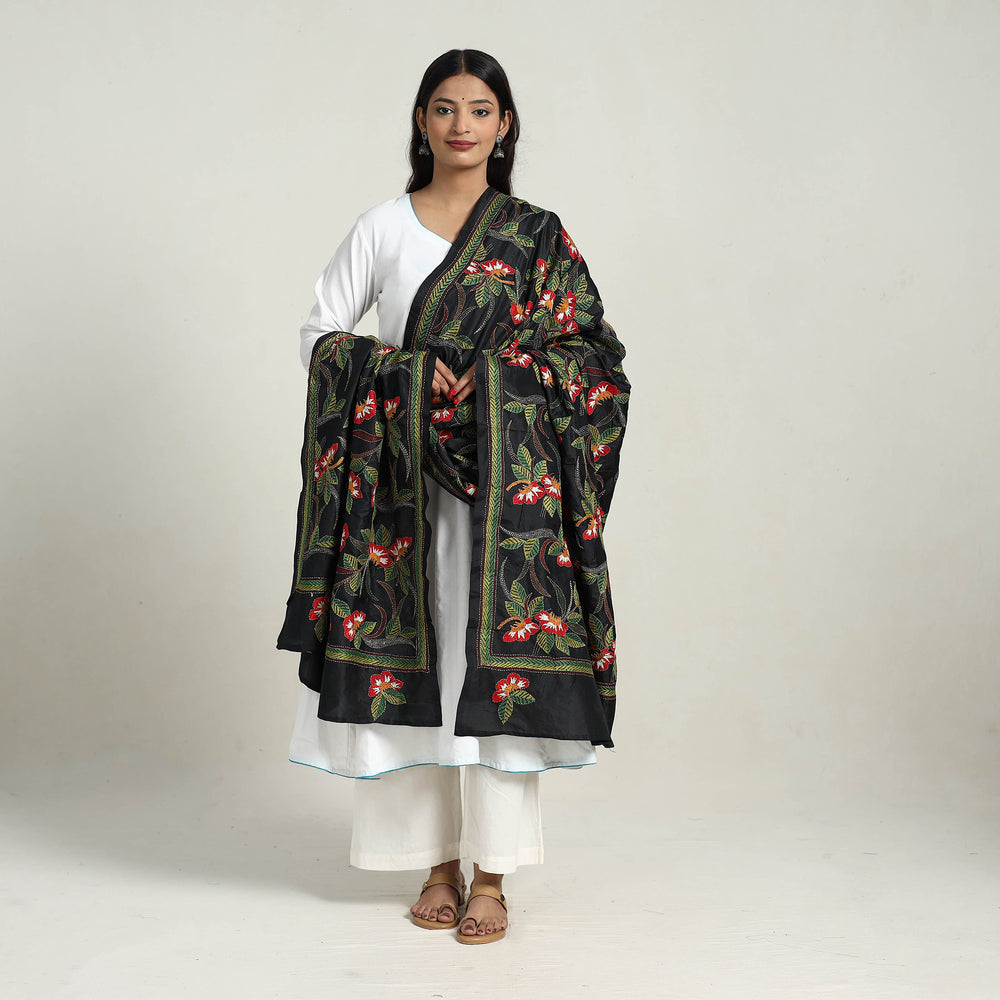 Black - Pure Silk Bengal Kantha Embroidery Dupatta 25