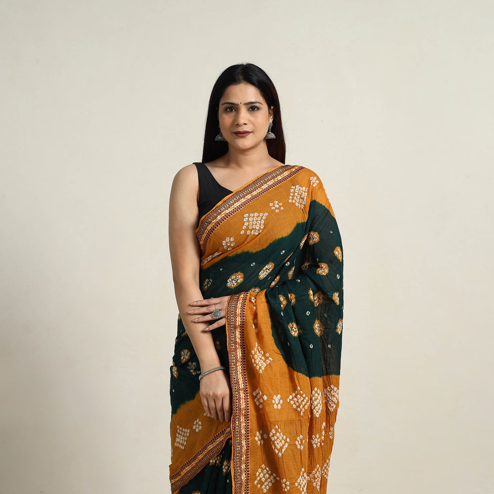 Green - Kutch Tie-Dye Cotton Bandhani Saree with Blouse Piece 25