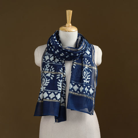 Blue - Pipad Hand Block Print Natural Dyed Chanderi Silk Handloom Stole 32