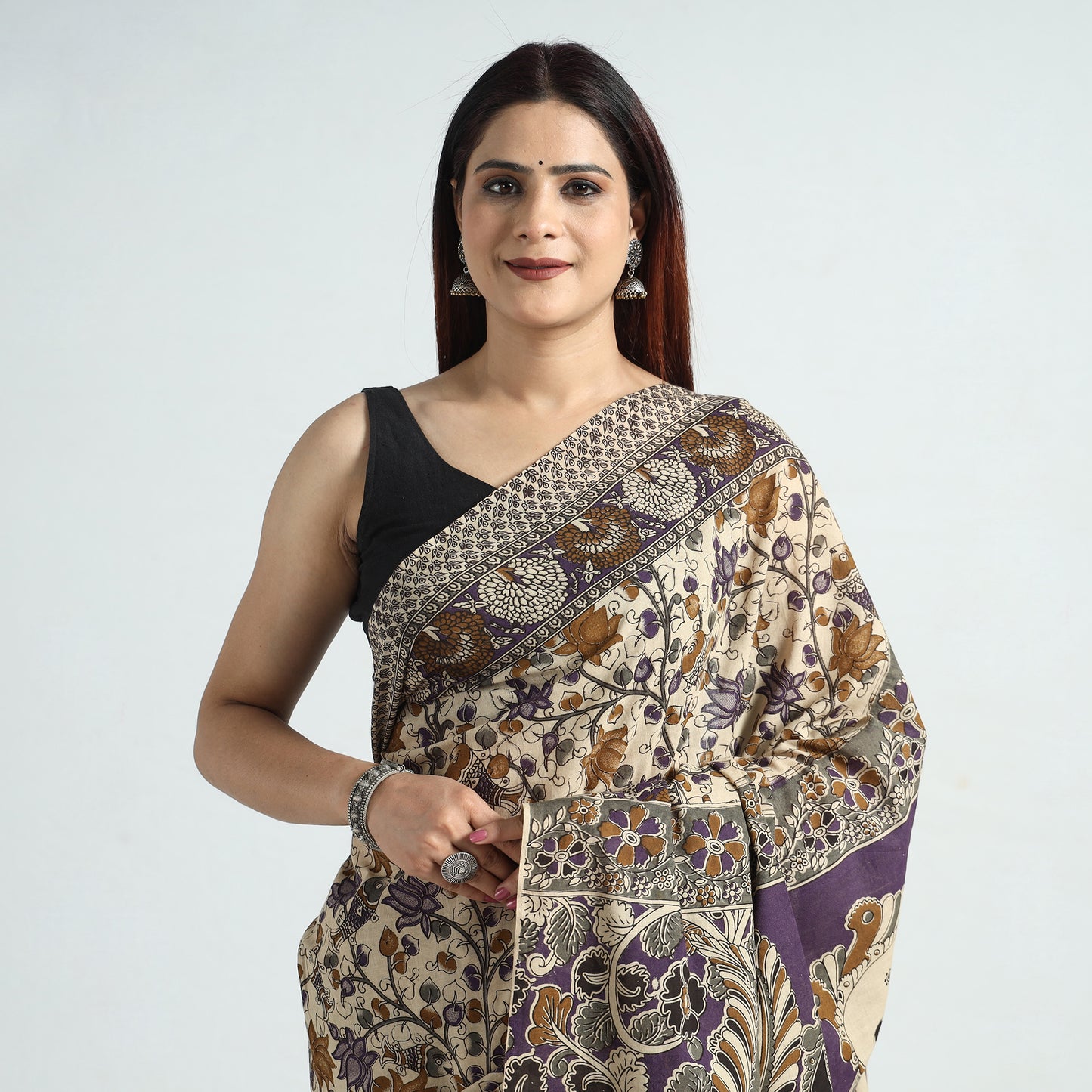 Beige - Kalamkari Printed Cotton Saree with Blouse Piece 30