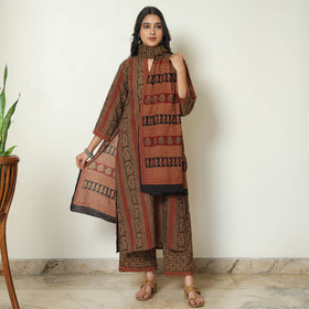 Brown - Bagh Block Printed Cotton Kurta with Palazzo & Dupatta Set 07