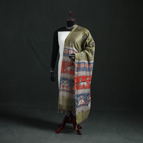 Multicolor - Mata Ni Pachedi Handpainted Natural Dyed Chanderi Silk Handloom Dupatta 05