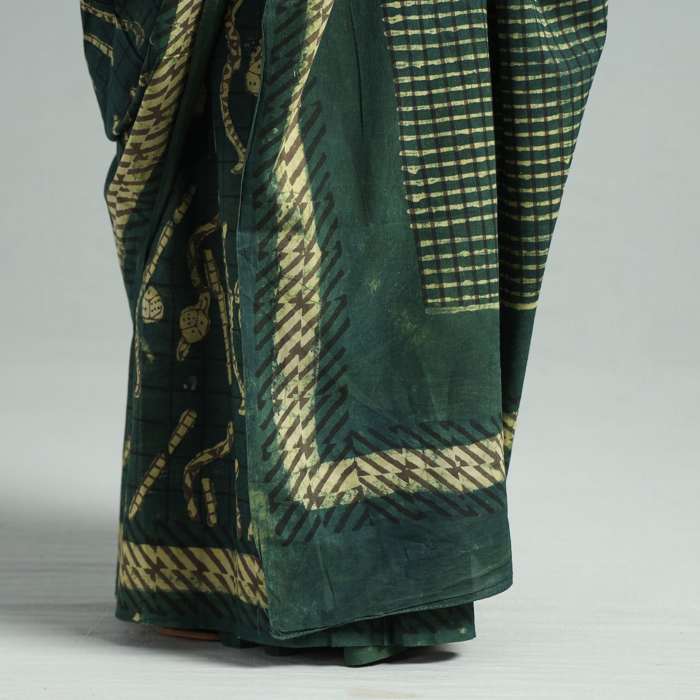 Green - Bindaas Art Block Printed Natural Dyed Cotton Saree 30