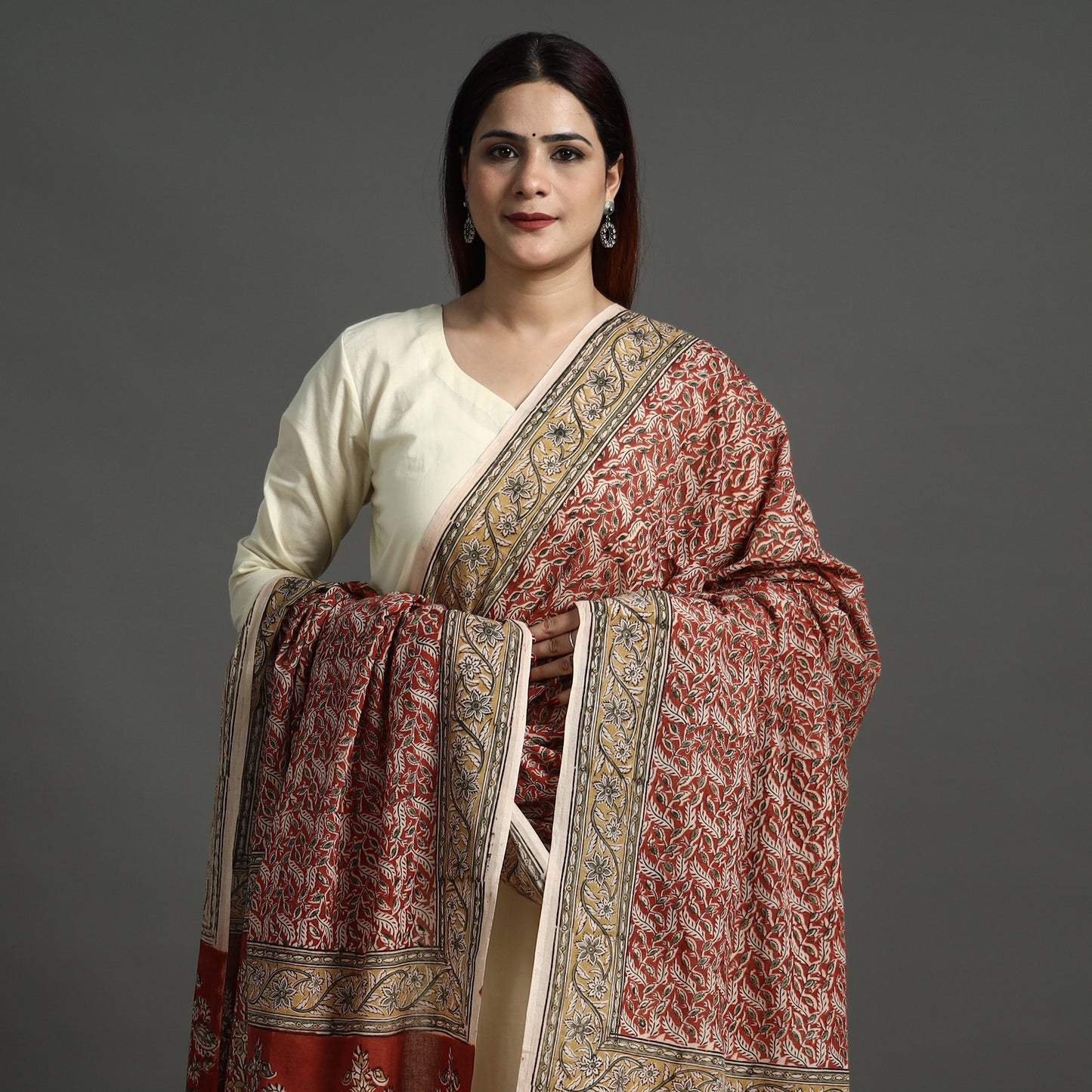 Red - Pedana Kalamkari Block Printed Natural Dyed Cotton Dupatta 158