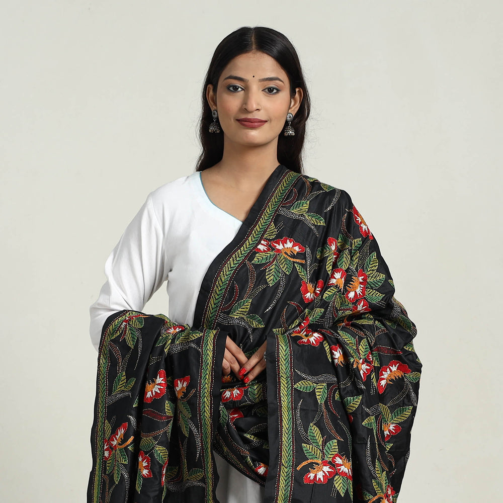 Black - Pure Silk Bengal Kantha Embroidery Dupatta 25