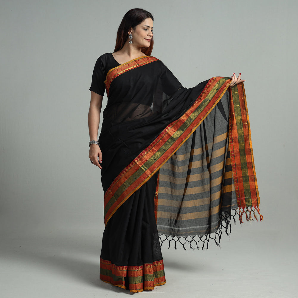 Black - Dharwad Cotton Saree with Zari Border 32